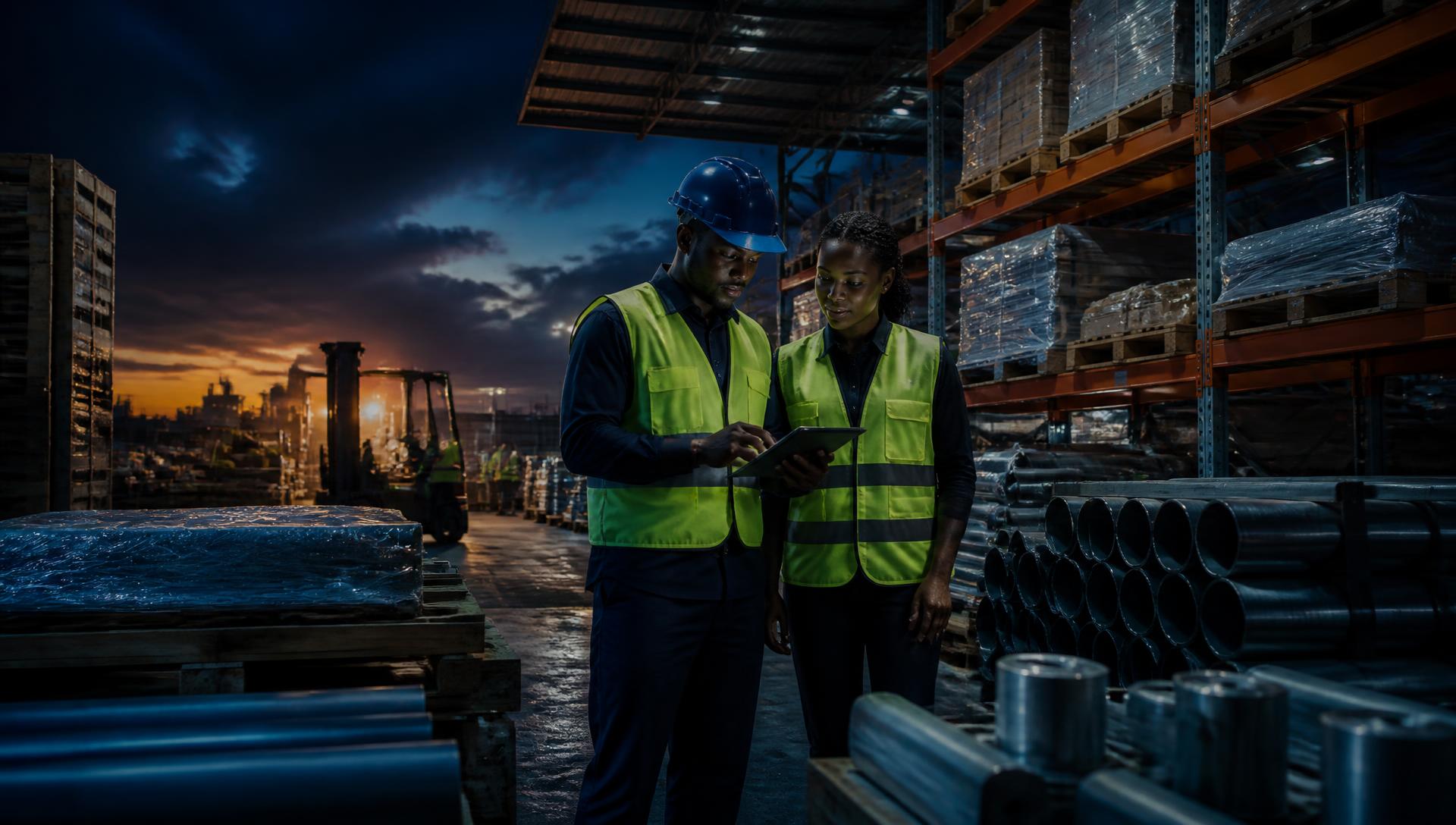Procurement team reviewing industrial supplies in a warehouse in Tanzania